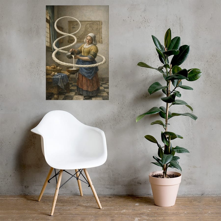 The Milkmaid Pour printed and photographed on a wall