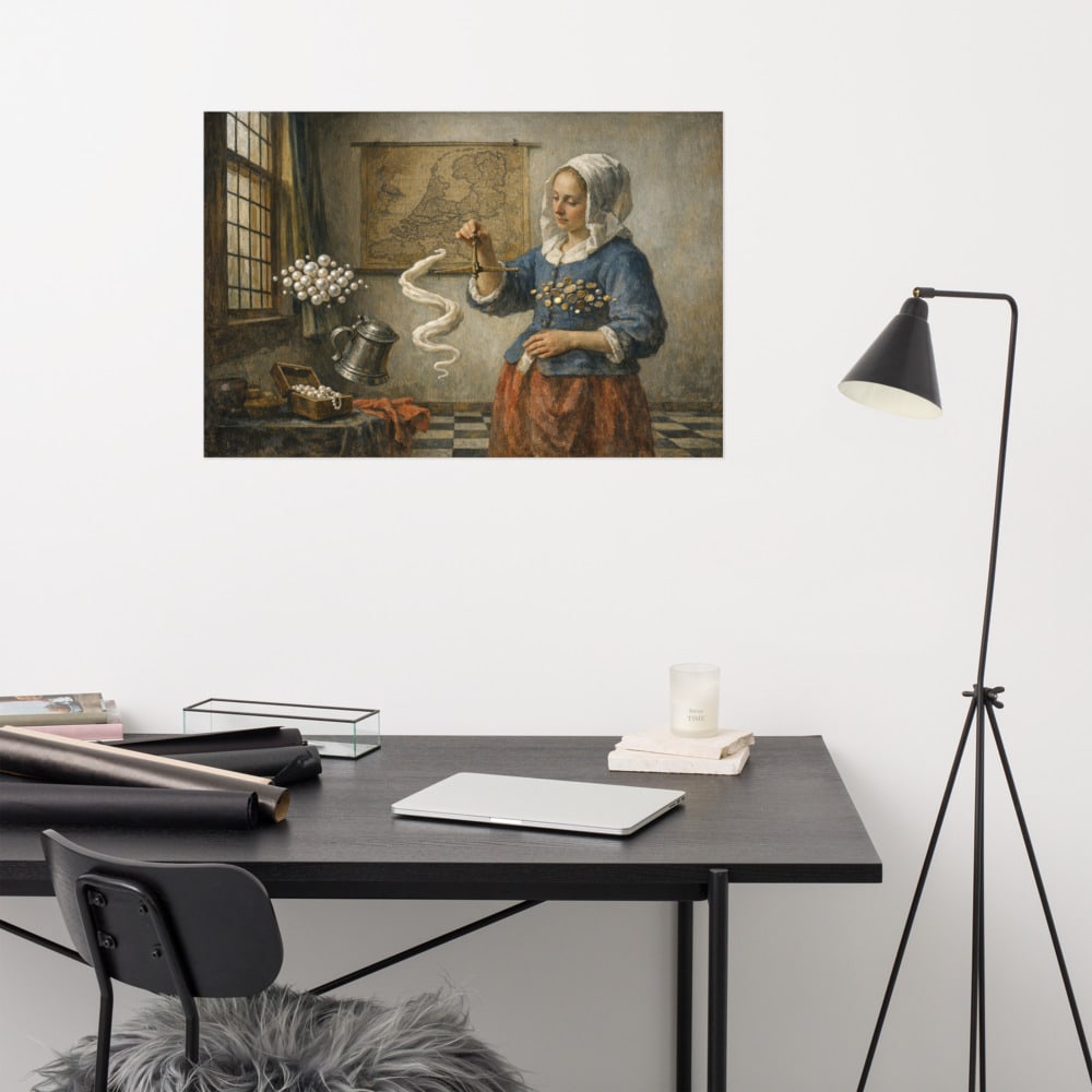 The Weighing printed and photographed on a wall