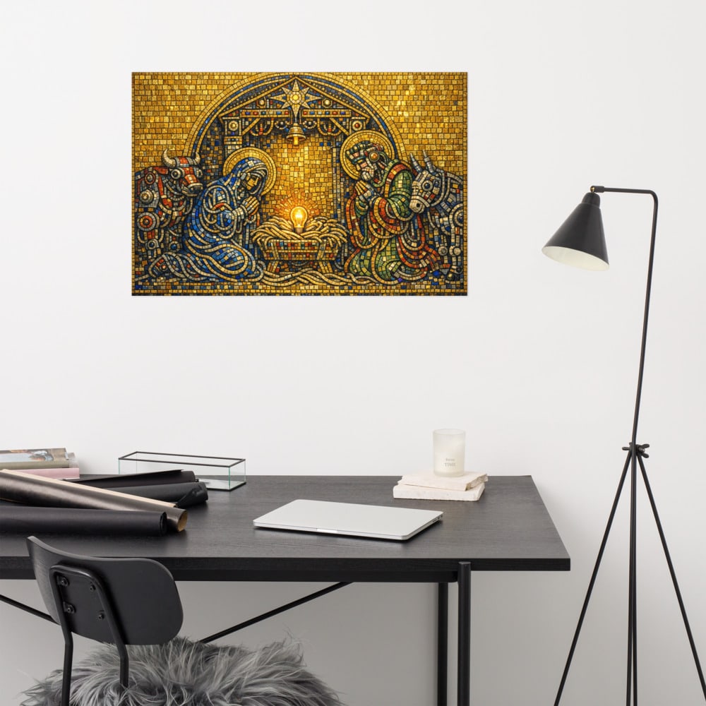 The Cable Nativity printed and photographed on a wall